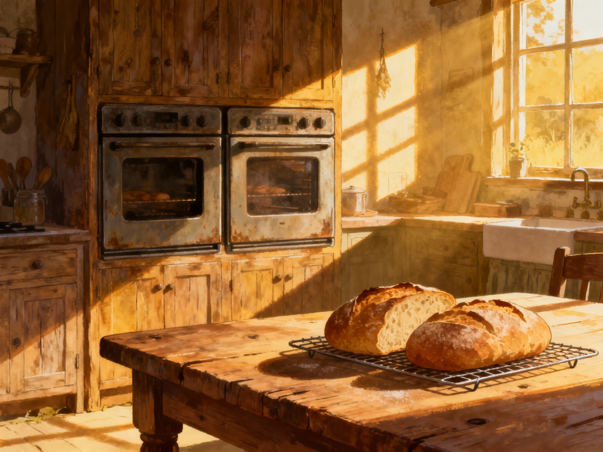 An inviting rustic farmhouse kitchen at golden hour, showcasing a warm-toned double oven built into