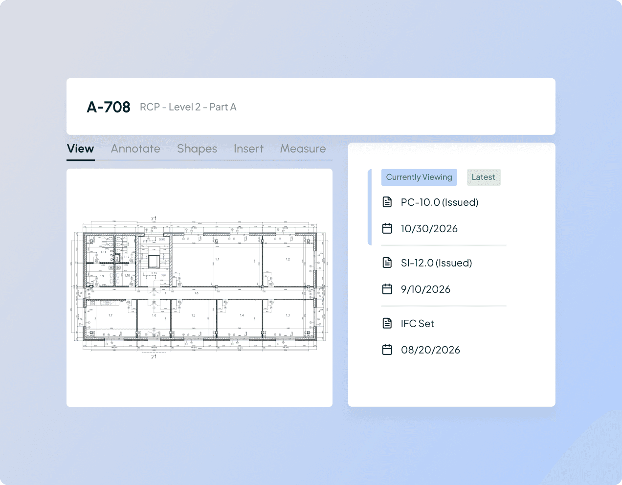 Part3's construction drawing management software showing organized files, version history, and annotated floor plan