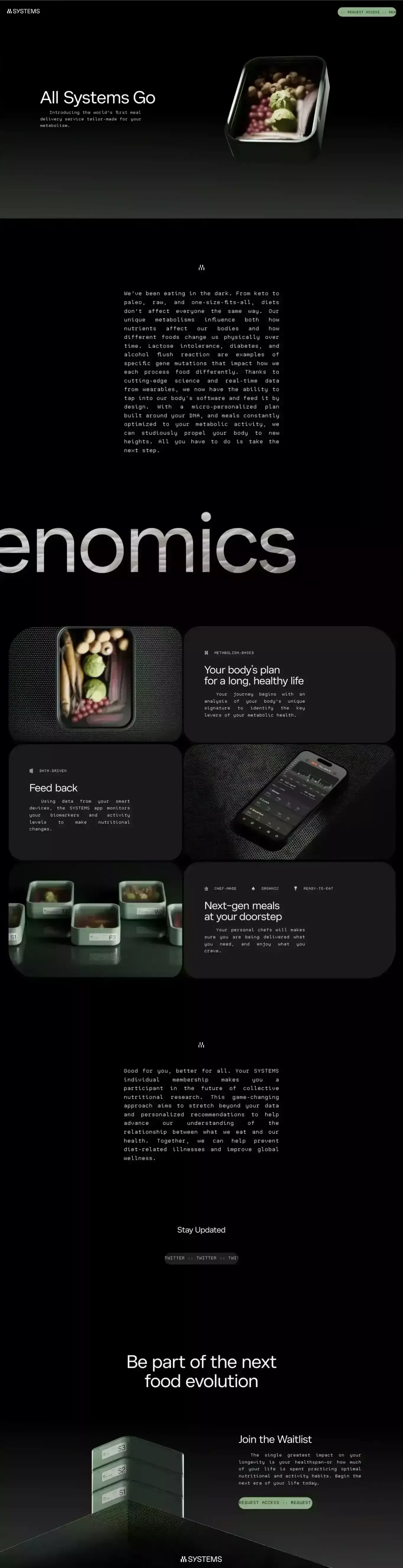 SYSTEMS landing page screenshot showcasing Tech and Food & Drinks design