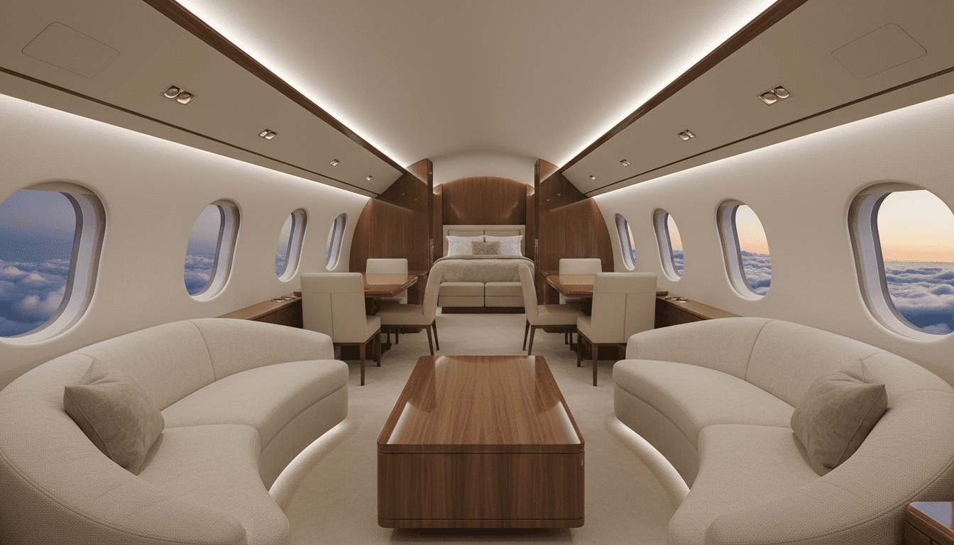 Bombardier Global 7500 cabin interior — bedroom and lounge on an ultra-long-range jet