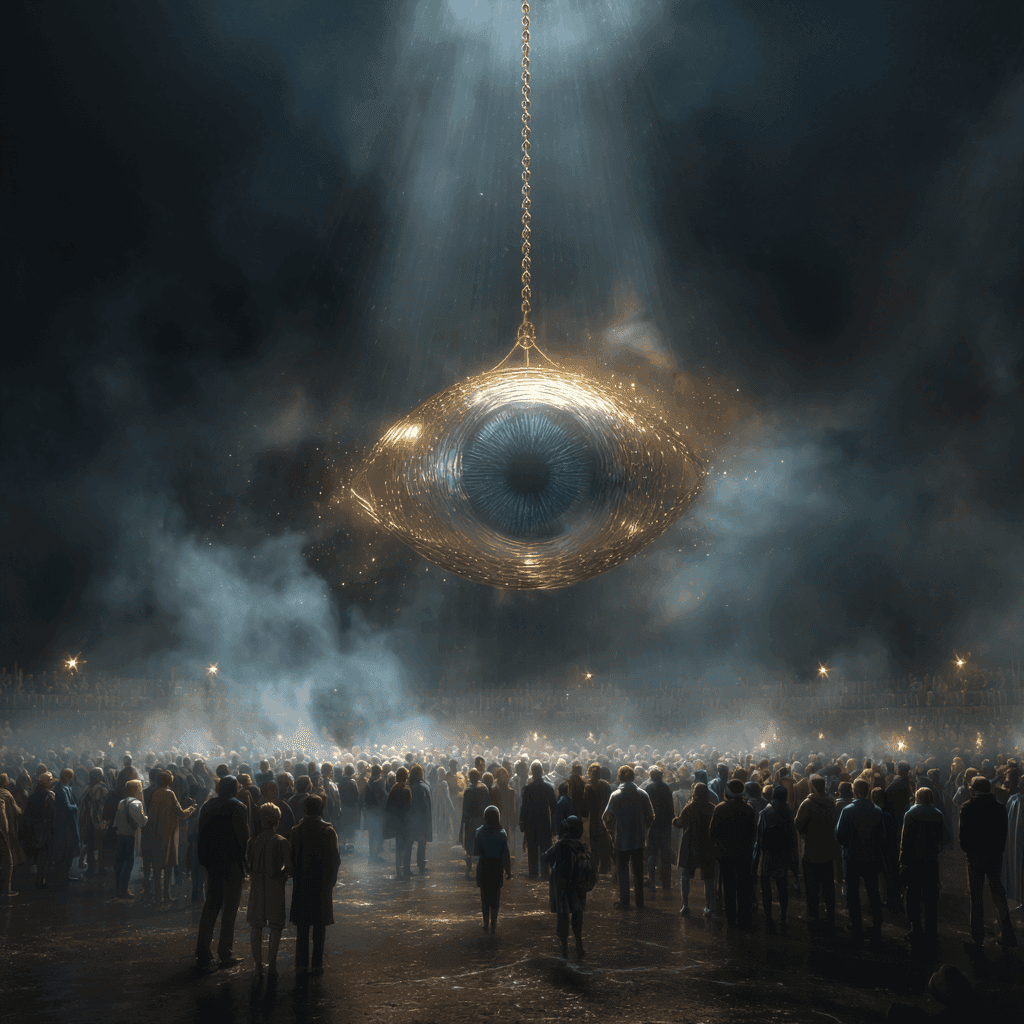 A surreal, cinematic scene of a giant, unblinking eye suspended mid-air by a delicate golden chain, glowing softly, hovering above a captivated crowd. The crowd, diverse and realistic, stands in awe eyes wide, faces lit with curiosity and reverence. The setting is ethereal and elemental shimmering silver mist drifts through an atmosphere painted with deep browns and midnight blues. The eye subtly radiates intelligence and mystery, as if it’s about to reveal profound truth. Light refracts through the air like a prism. Emotional, symbolic, and compelling.