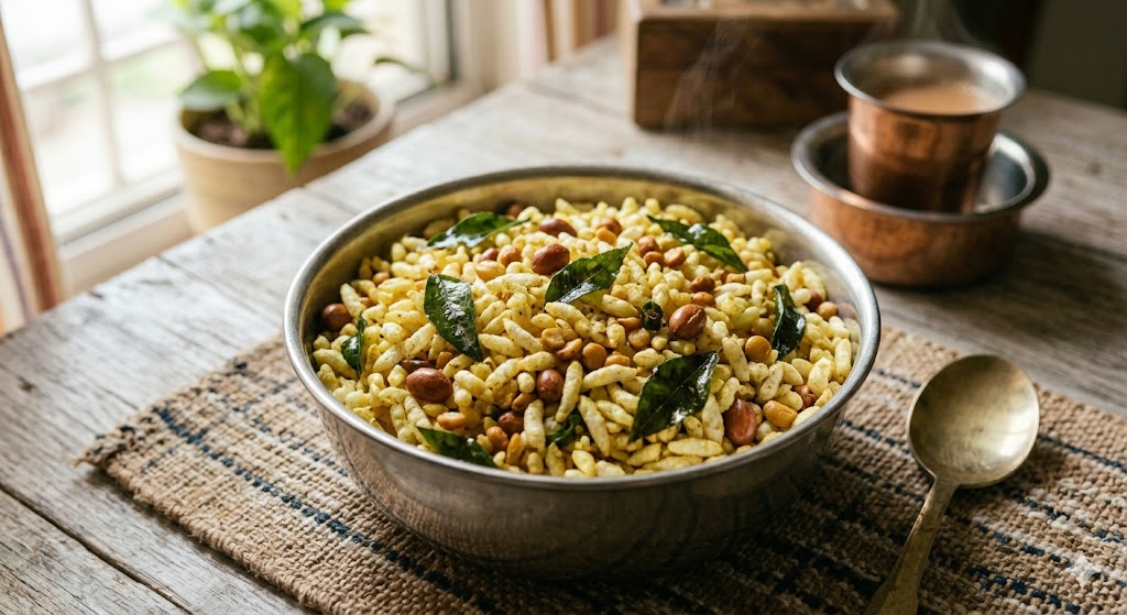 A close-up shot of a bowl of spicy Indian puffed rice snack (Murmura Chivda) with peanuts and curry leaves, served on a rustic wooden table with a side of chai and a spoon.