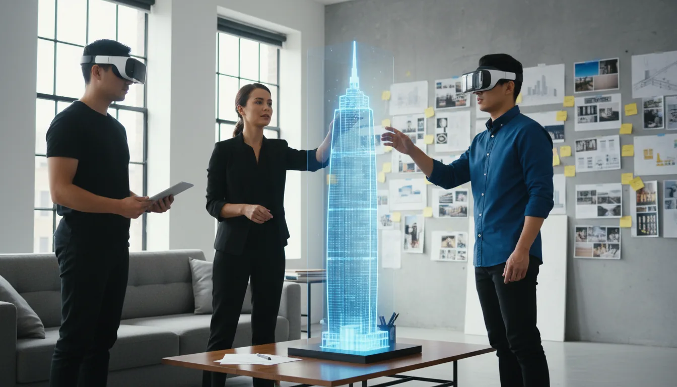 High-quality DSLR photograph of three architects in a modern design studio collaborating with augmented reality. In the center of the room, a large, translucent, glowing blue holographic 3D model of a skyscraper floats above a wooden coffee table. A woman in a black dress and a man in a blue shirt both wear sleek AR headsets, interacting with the architectural visualization; the woman points towards the top of the hologram. A third man in a black t-shirt stands watching, holding a tablet. The background features a sofa and a wall covered with a project board of images and yellow sticky notes. The scene is brightly lit with natural daylight, creating a sharp, professional, and high-tech atmosphere.
