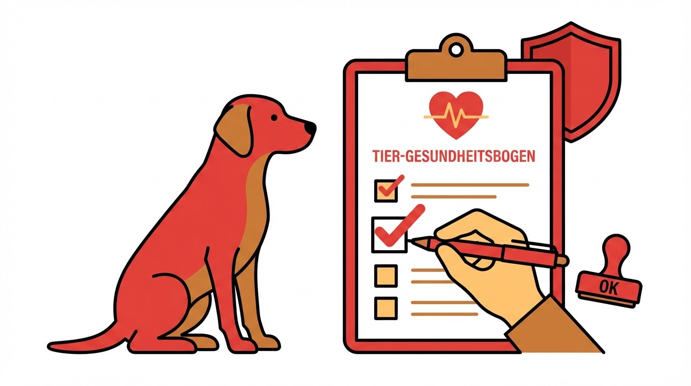 Ein Hund sitzt neben einem Gesundheitsbogen, der abgehakte Kästchen und einen Stempel zeigt.