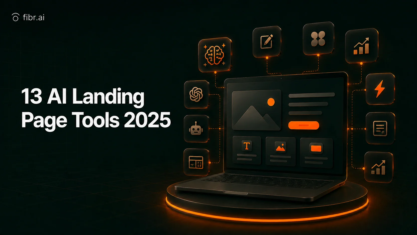 AI landing page tools dashboard with futuristic interface, automation icons, and optimization workflows.