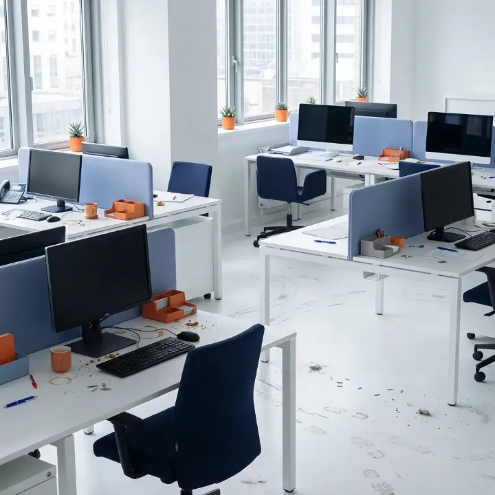Bureau open space moderne et blanc jonché de saletés, avec des taches de café sur les bureaux et un sol marqué de pas.