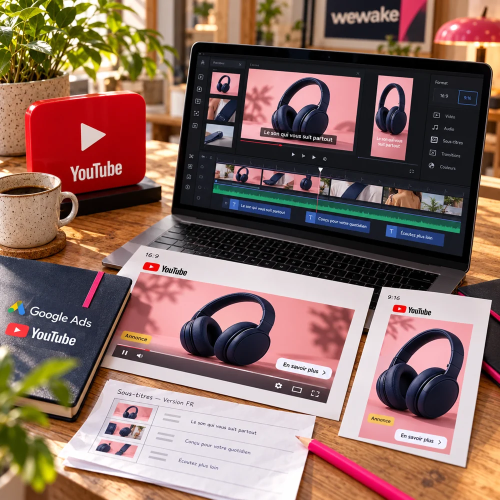 Un montage vidéo et ses versions horizontale et verticale pour une publicité YouTube.