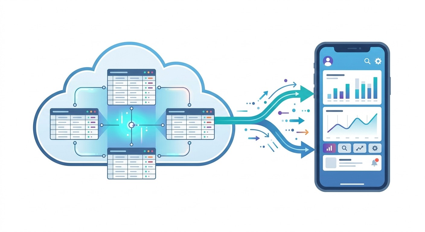 Flat illustration of a mobile app launching into an app store with a rocket, download icons, and star ratings surrounding a smartphone.