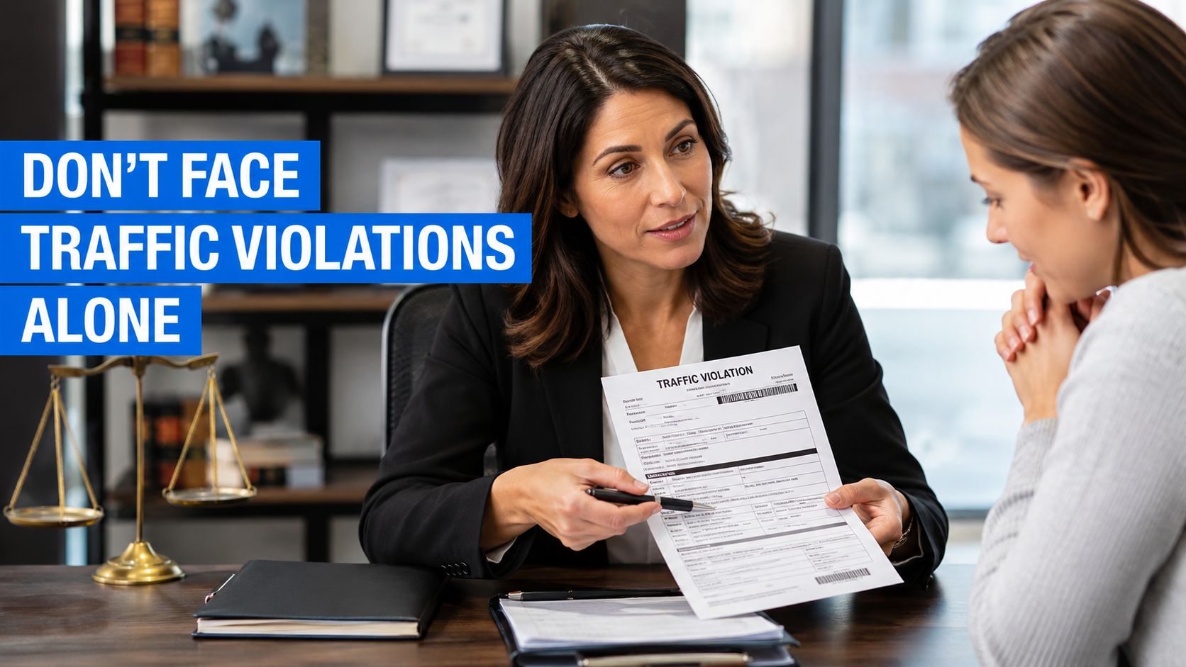 A lawyer provides guidance to a client by pointing at details on a traffic violation document.