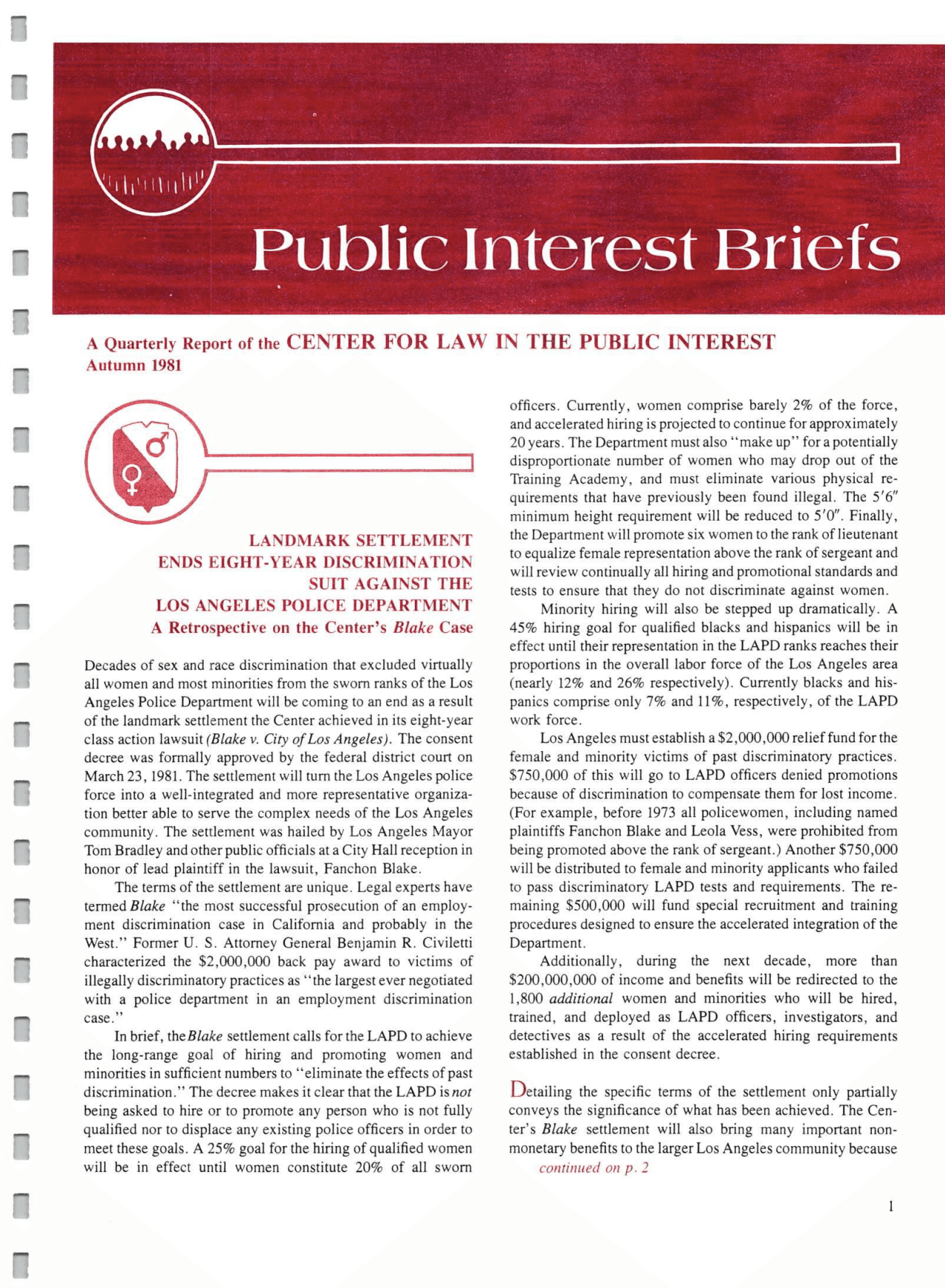 Cover of Center for Law In The Public Interest's Quarterly Report, Autumn 1981 Edition Public Interest Briefs
