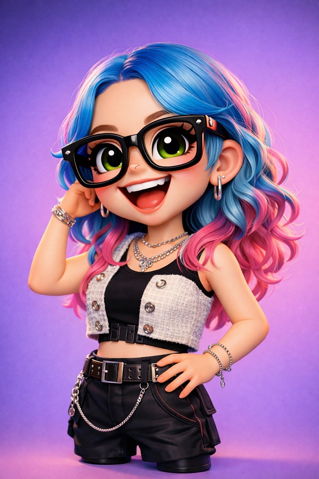 3D polished caricature of Lucy in punk style - oversized glasses, chain details, toy-figure proportions on Nano Banana 2