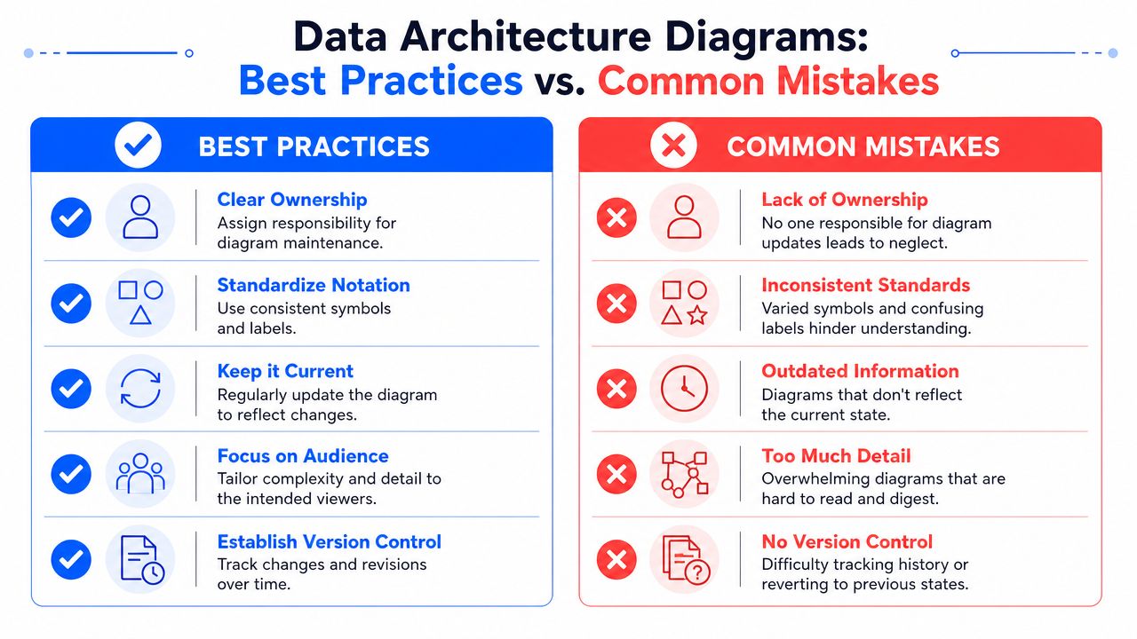 A comparative chart showing best practices versus common mistakes for effective data architecture diagramming and documentation.
