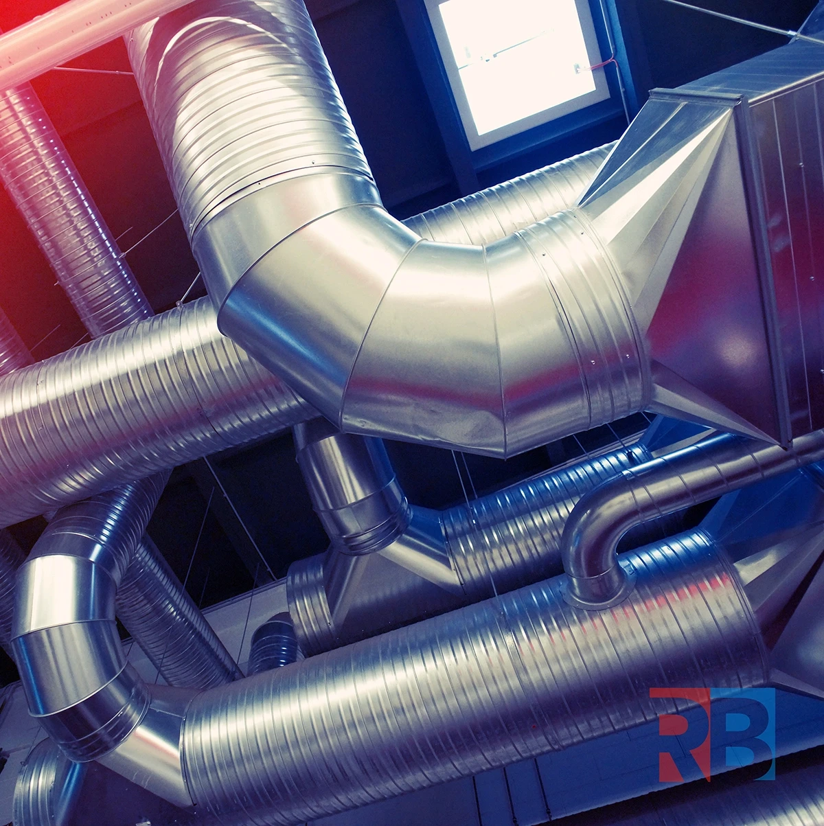 ducting and pipes with a red and blue overlay