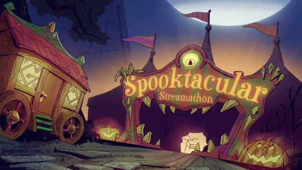 Carnival entrance that reads "Spooktacular Streamathon". A spooky carriage sits to the left of the entrance with "G" and "O" illuminated in the windows.