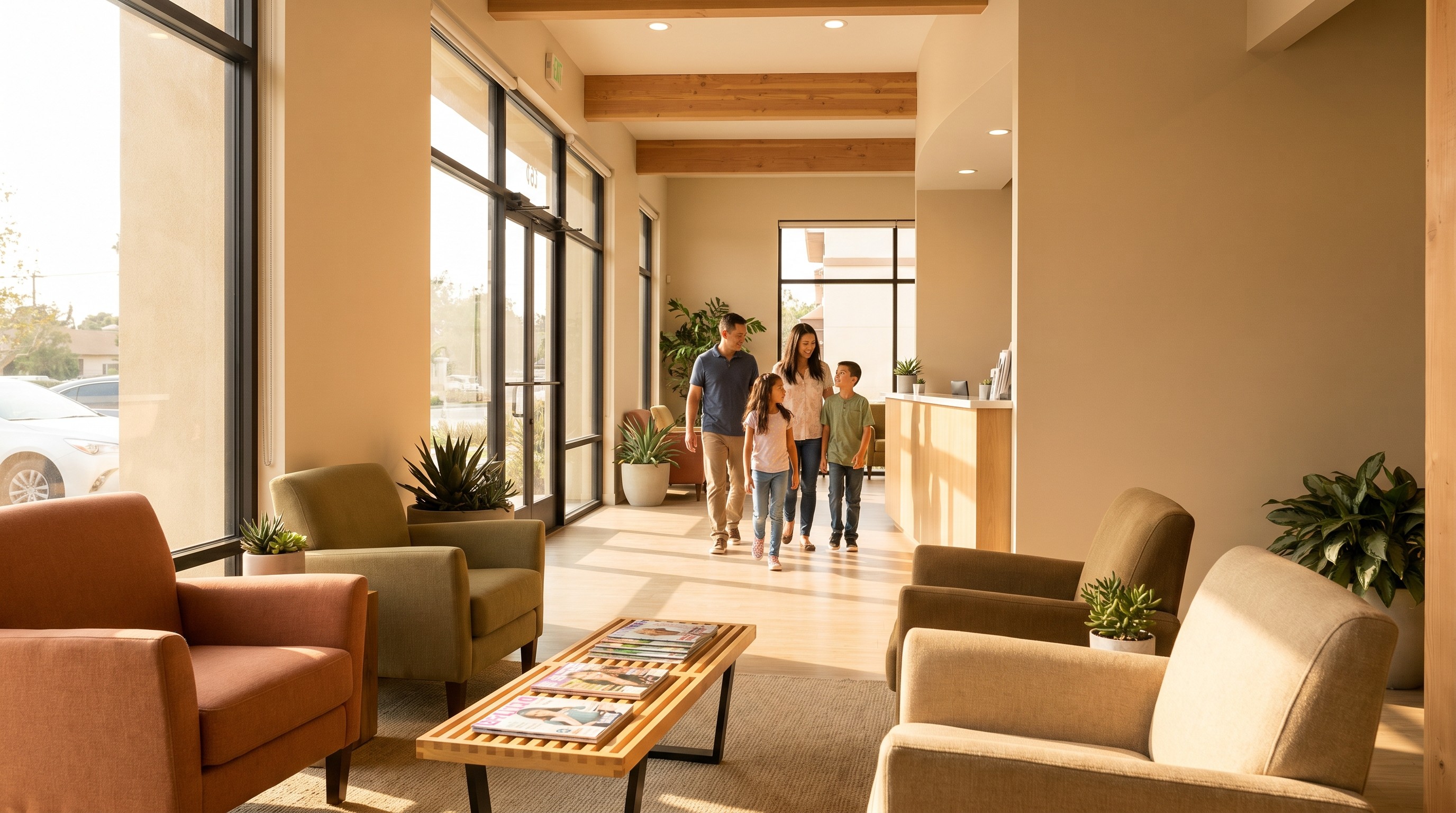 Sunlit waiting area of a La Mirada family dental office with warm wood and a multicultural family walking through