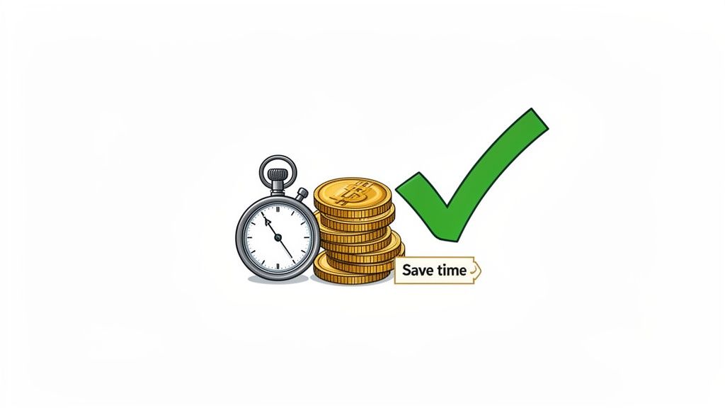 A stopwatch, a stack of golden Bitcoin coins, and a green checkmark symbolizing saving time and money.