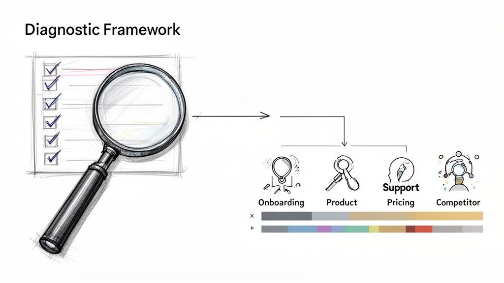 A diagnostic framework visually explains the analysis of onboarding, product, support pricing, and competitors.