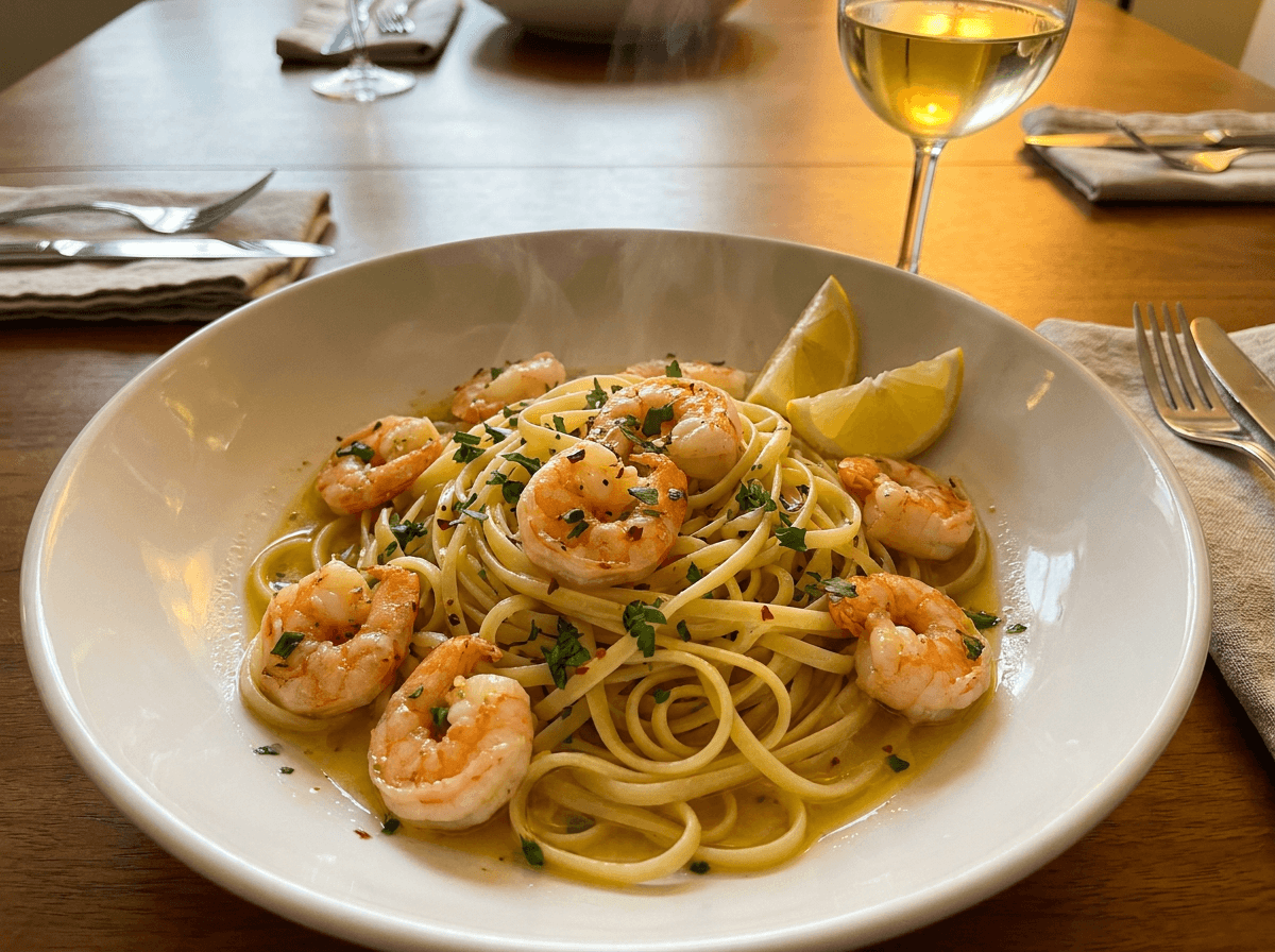 Shrimp scampi with linguine, a fast high protein dinner