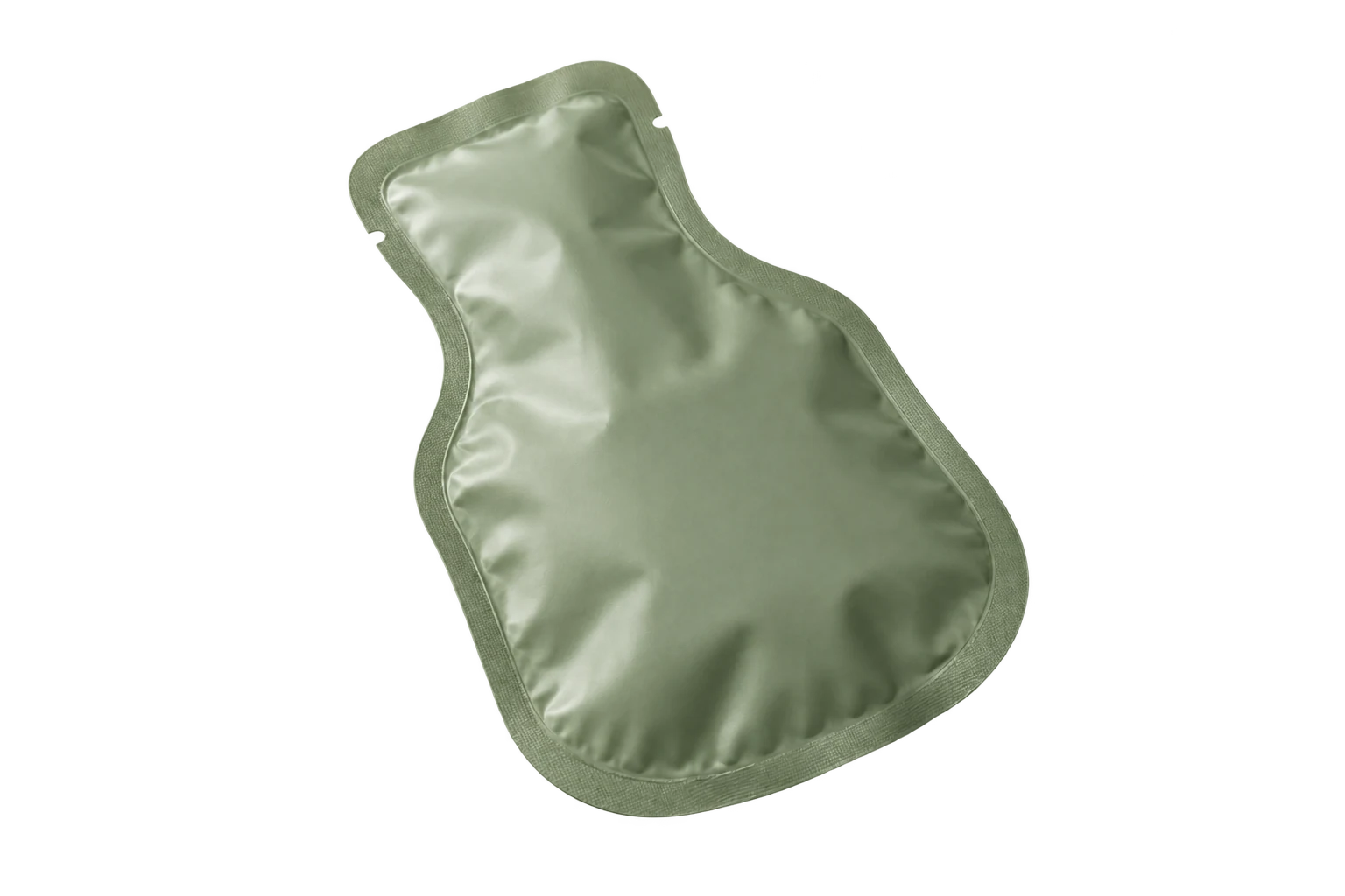 Product visualization of a custom-contoured sage pouch with a perimeter heat seal, isolated on a transparent background.