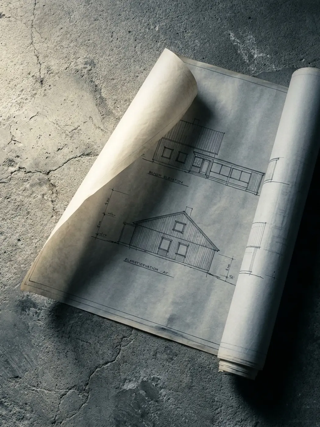 Architectural blueprints of a house on a concrete surface.