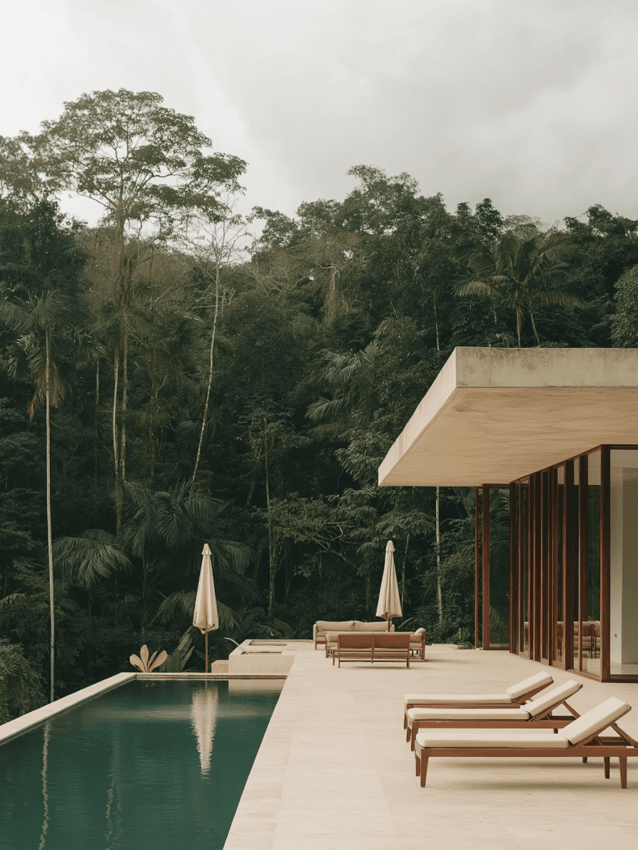     Luxury poolside terrace beside a modern villa surrounded by forest