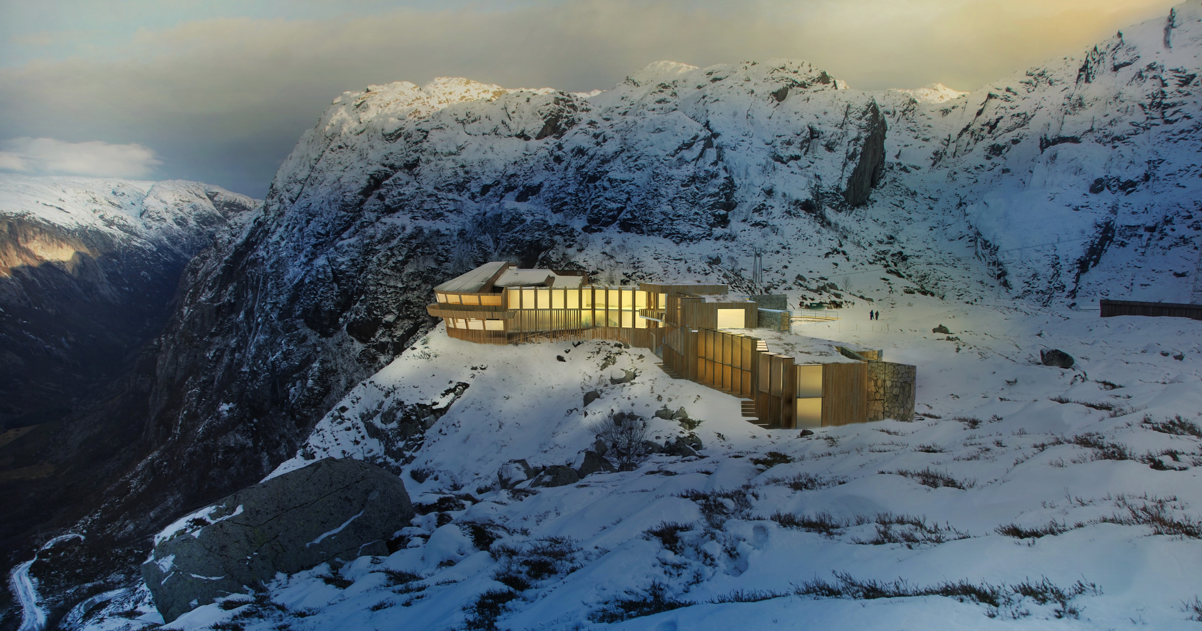 Kjerag Hotel is a panoramic destination hotel positioned 640 metres above Lysefjorden within Norway’s dramatic mountain landscape. Embedded in terrain shaped by glaciers and moraines, the architecture follows the contours of the site, framing expansive views while creating shelter, calm, and a close connection to nature.