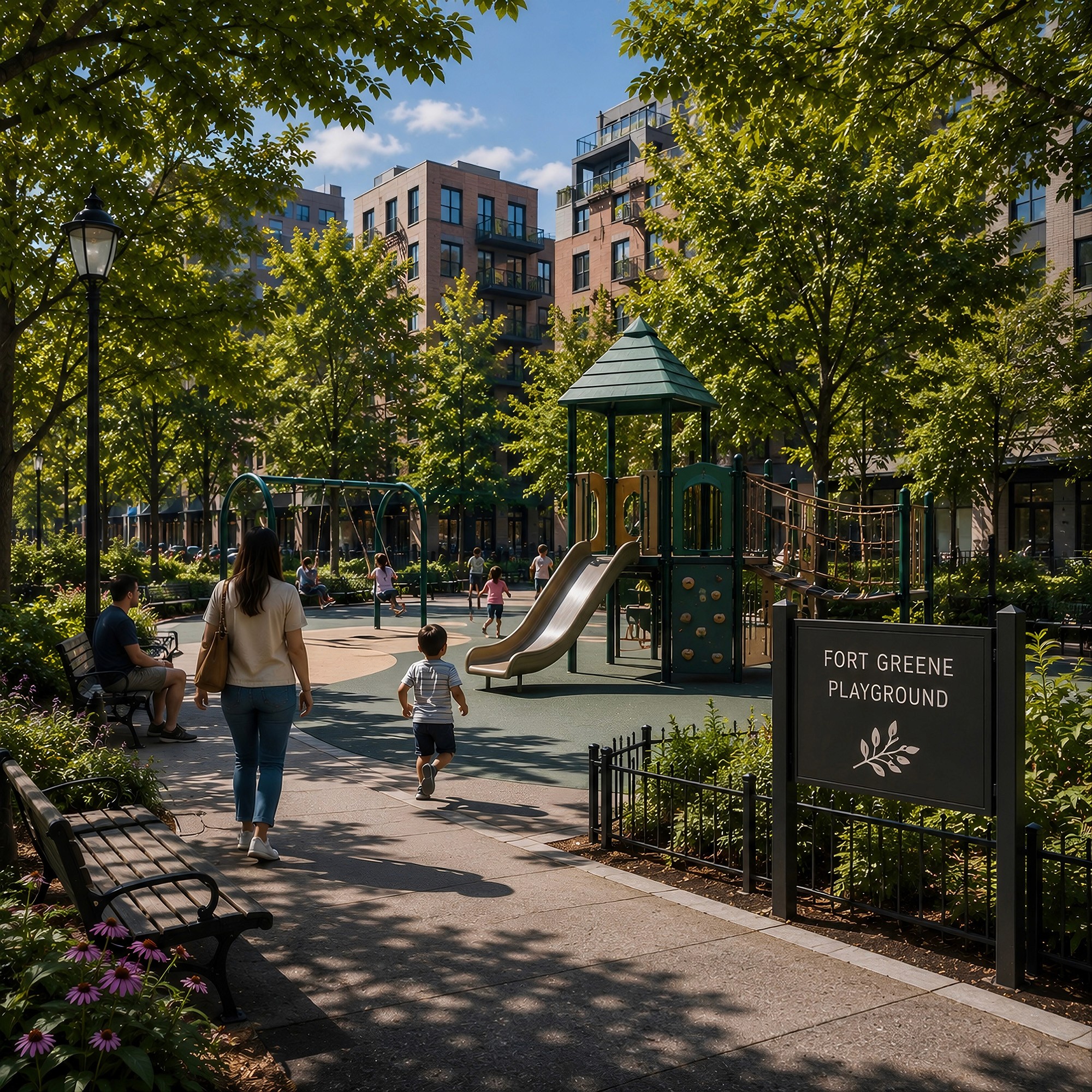 Families enjoying a neighborhood playground shaded by mature trees, situated directly adjacent to modern brick apartment buildings.
