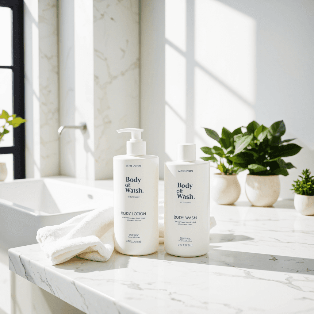product photography of a bottle of body lotion and a bottle of body wash