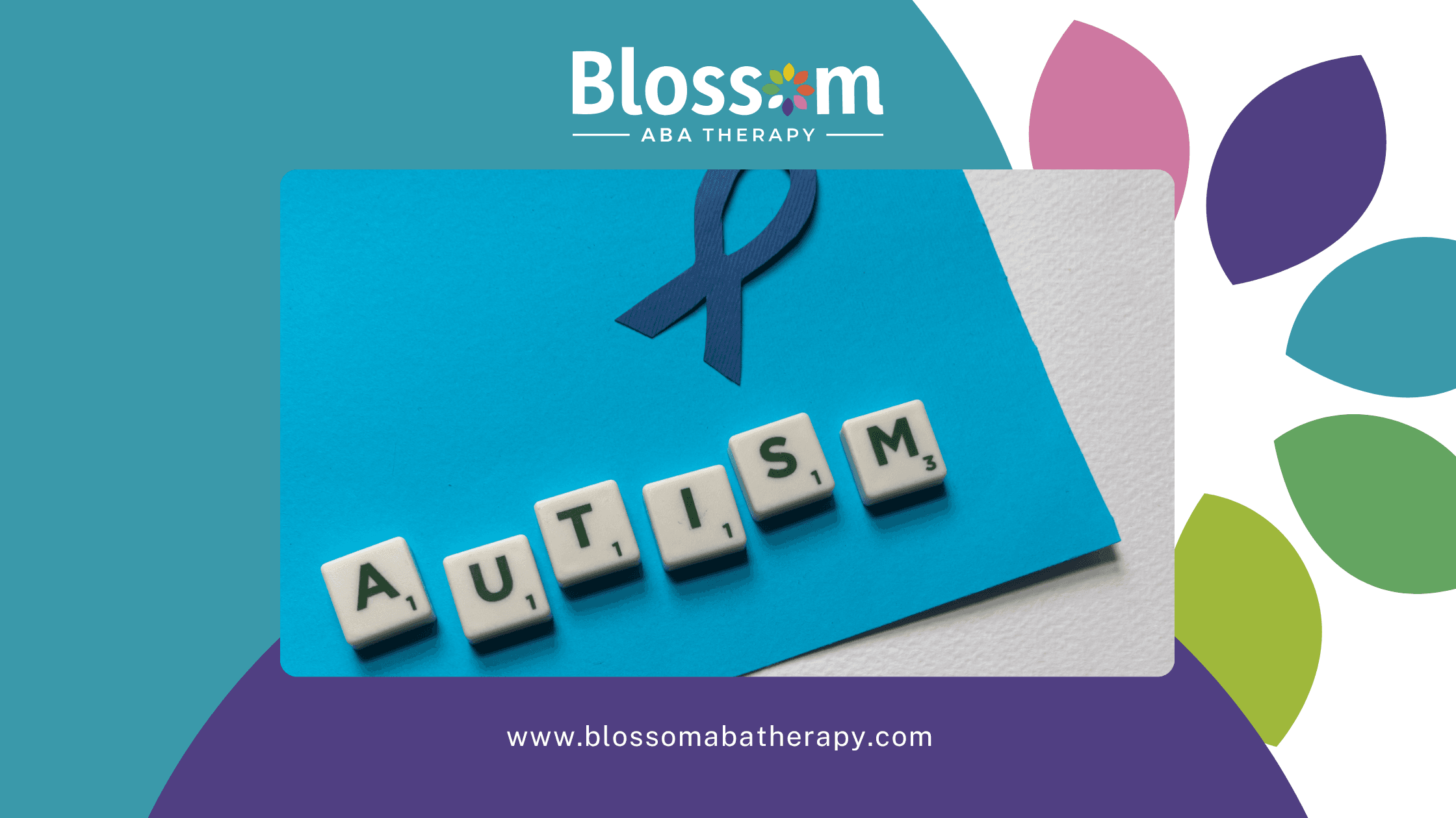 Scrabble letter tiles spelling the word autism on blue paper with a blue awareness ribbon above