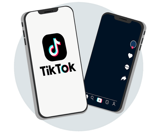 One phone with TikTok logo and one phone with a blank For You page from TikTok.