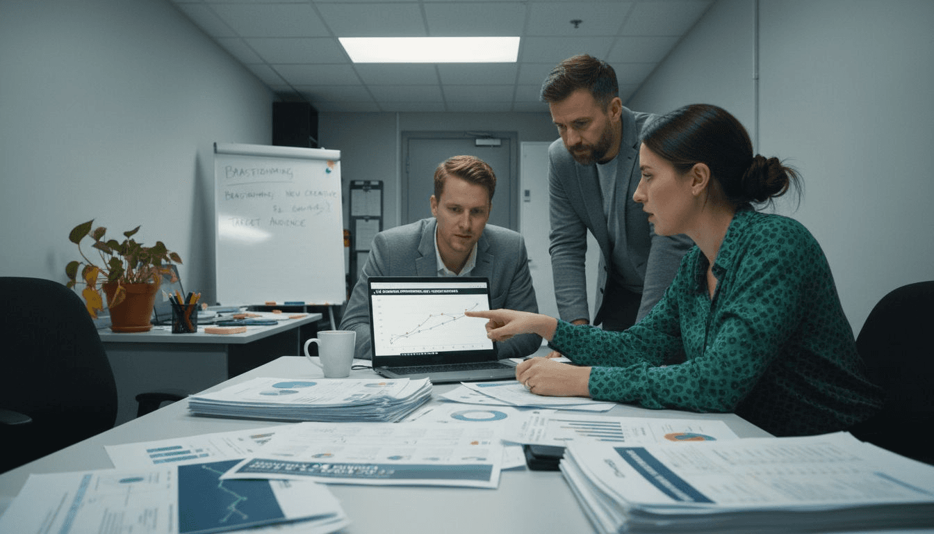 Business team reviewing campaign reports around table