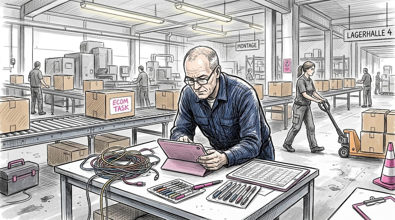 Ein Mitarbeiter kontrolliert die Daten direkt in der Halle auf seinem Tablet.