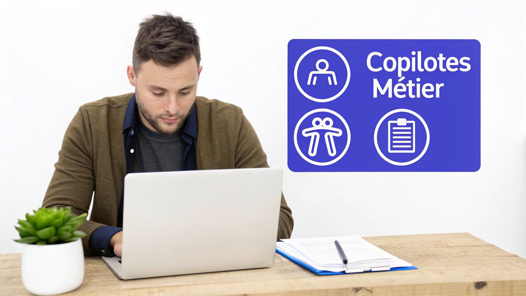 Un homme professionnel travaille avec concentration sur son ordinateur portable, avec un panneau bleu indiquant 