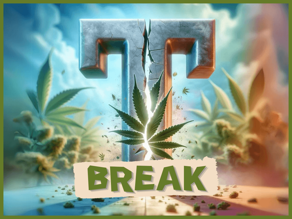 A big stone T broken in half with the word 'Break' written unerneath with a background of hemp plants