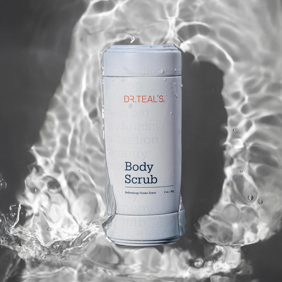 Dr Teal’s body scrub concept in monochrome water.