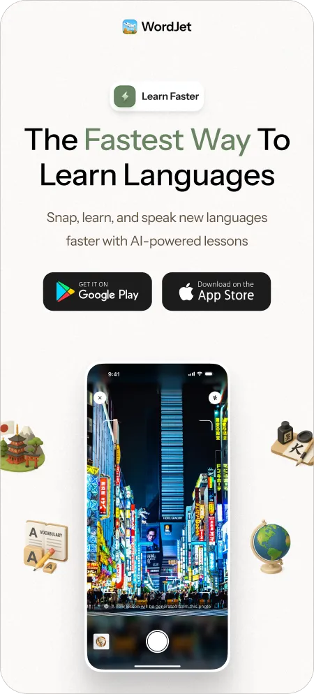 Landing page UI design presenting an AI language learning app with photo-based lessons