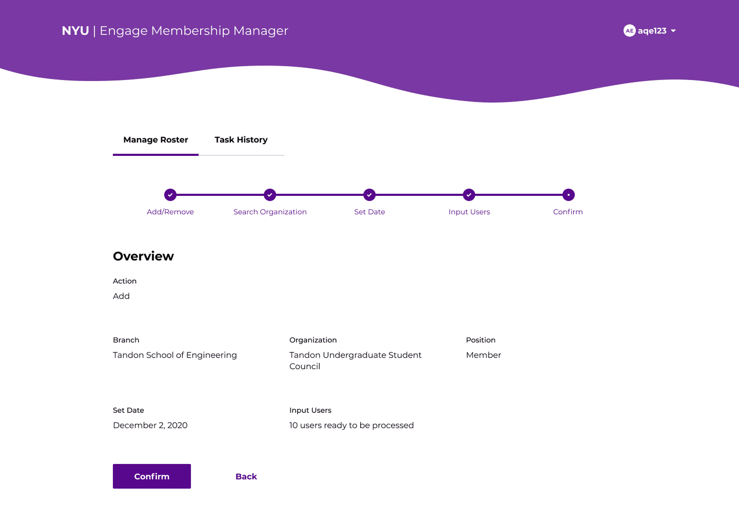 Overview page after inputting a roster to manage