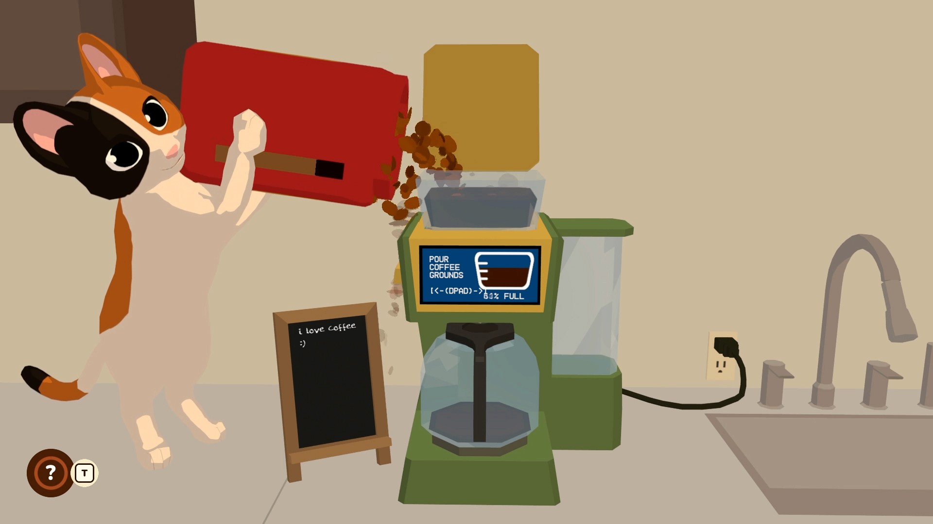 Cat Secretary pouring coffee beans into a coffee machine