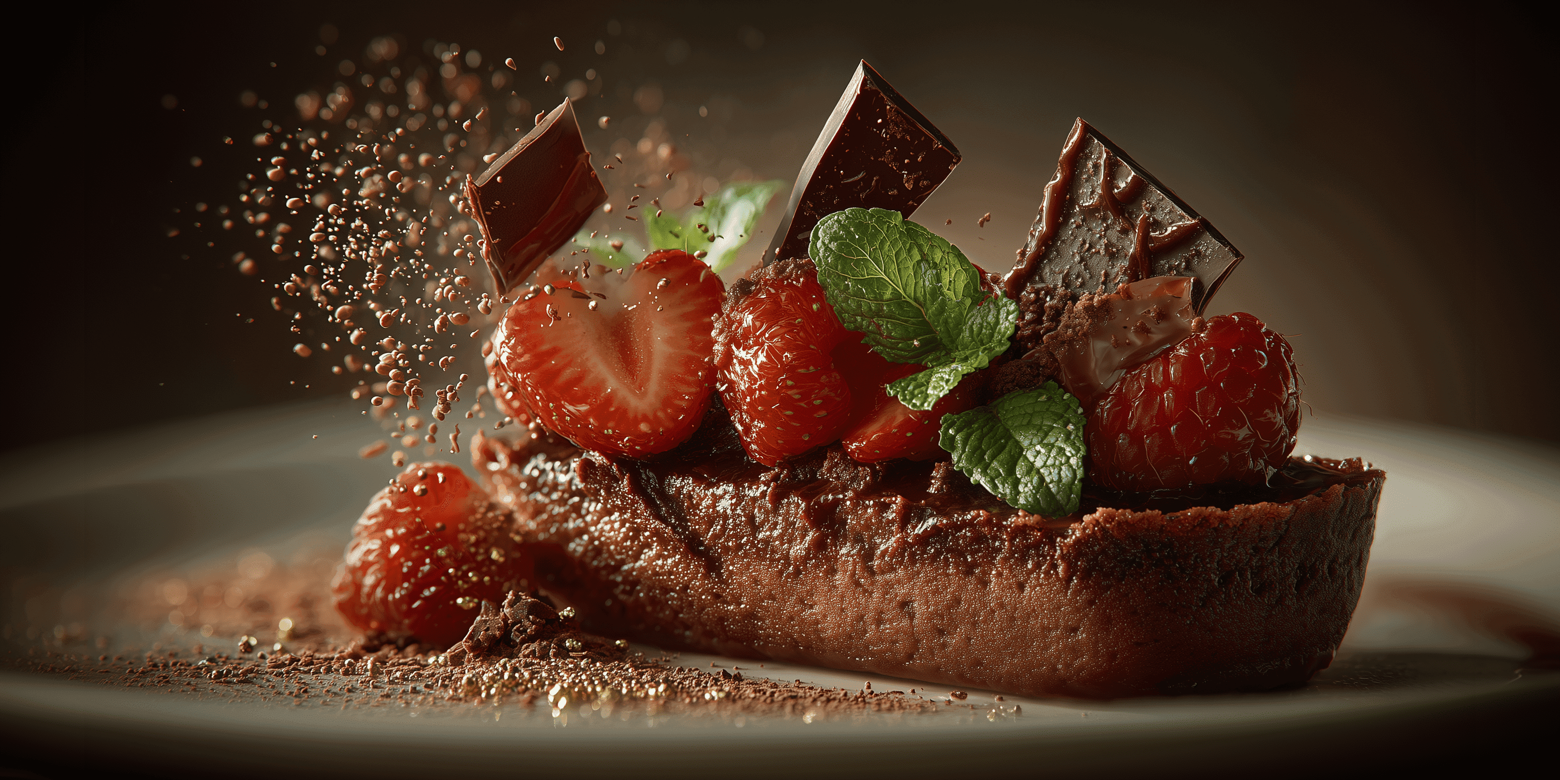 Luxury chocolate tart topped with strawberries, raspberries, mint, and chocolate shards, capturing Dhoom’s approach to reinventing classic desserts with bold Indian modernity.