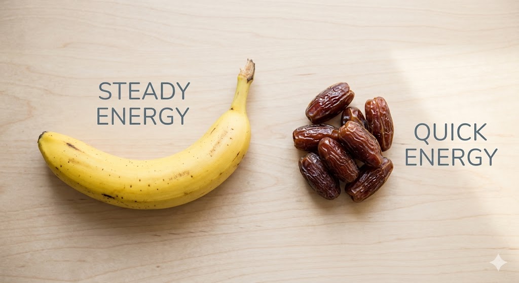 A side-by-side comparison image featuring a yellow banana on the left with the text 'STEADY ENERGY' and a pile of dried dates on the right with the text 'QUICK ENERGY' on a wooden surface.