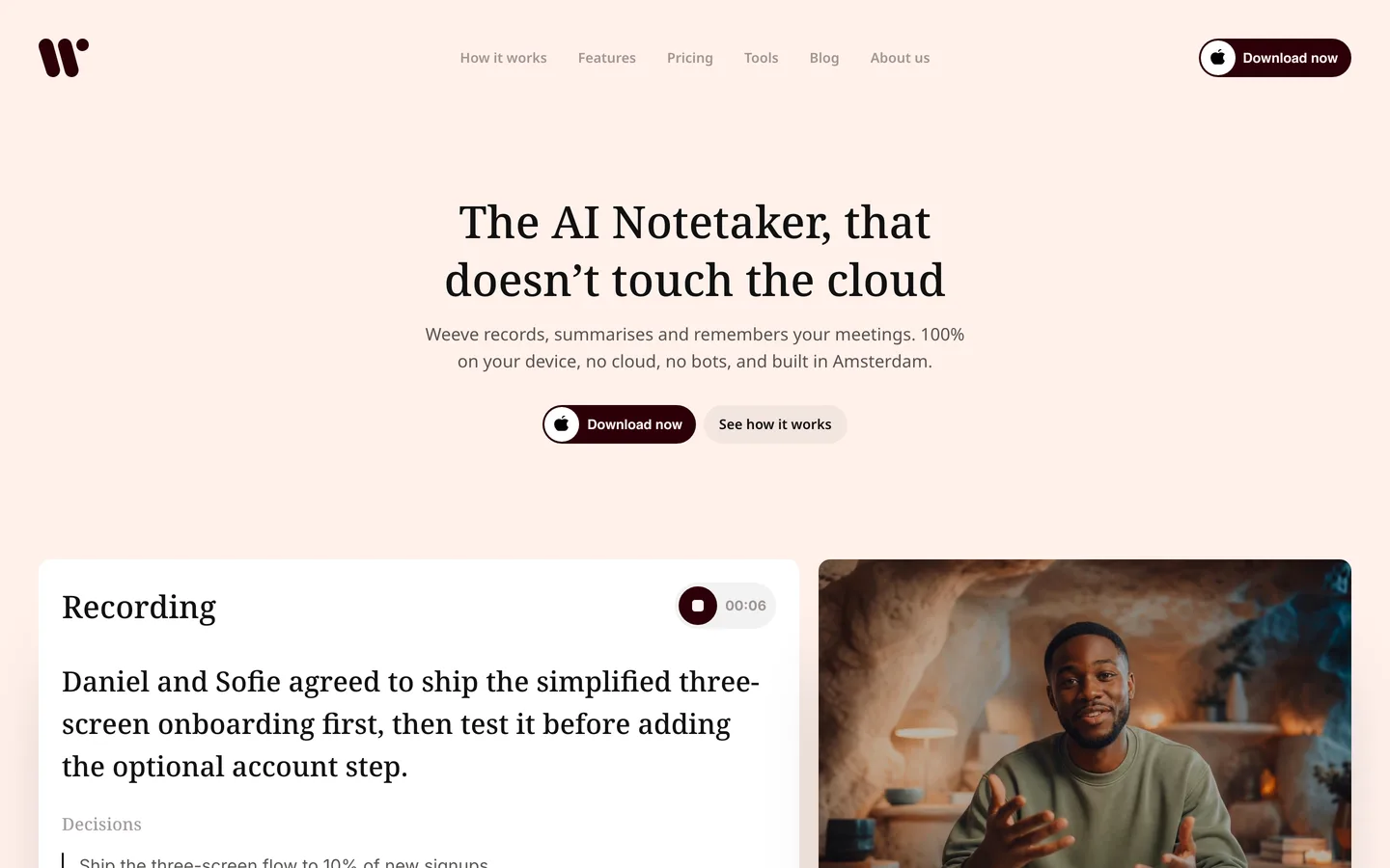The Weeve website showing the local AI notetaker for Mac