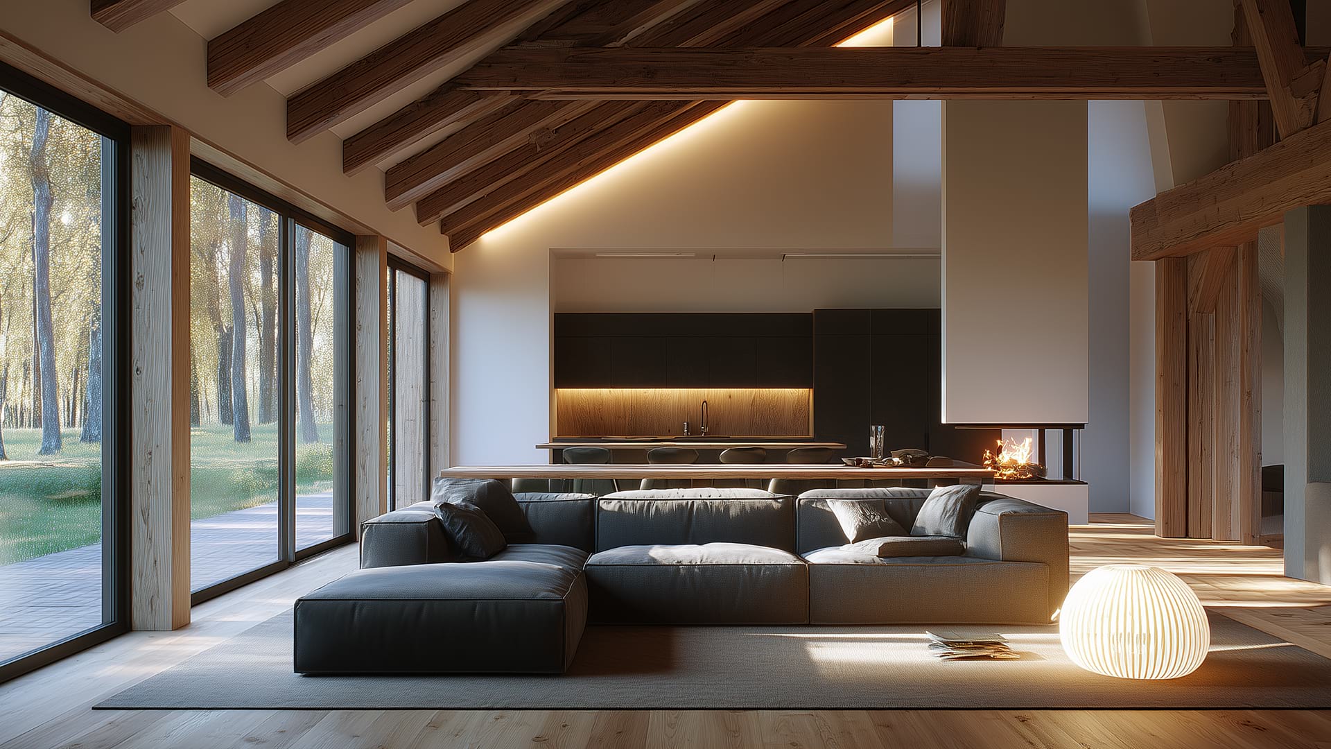 Modern living room with rustic wooden beams, large windows revealing a forest view. Cozy gray sectional sofa, soft lighting, and a warm ambiance.