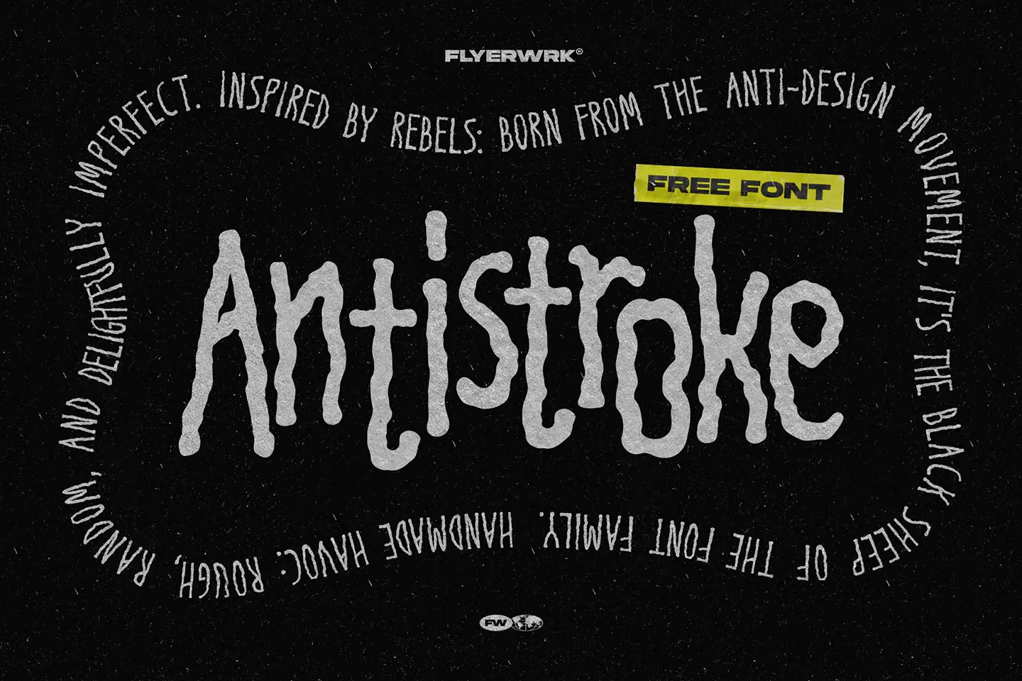 AntiStroke handwritten font title with rough textured letters and anti design movement descriptive text background