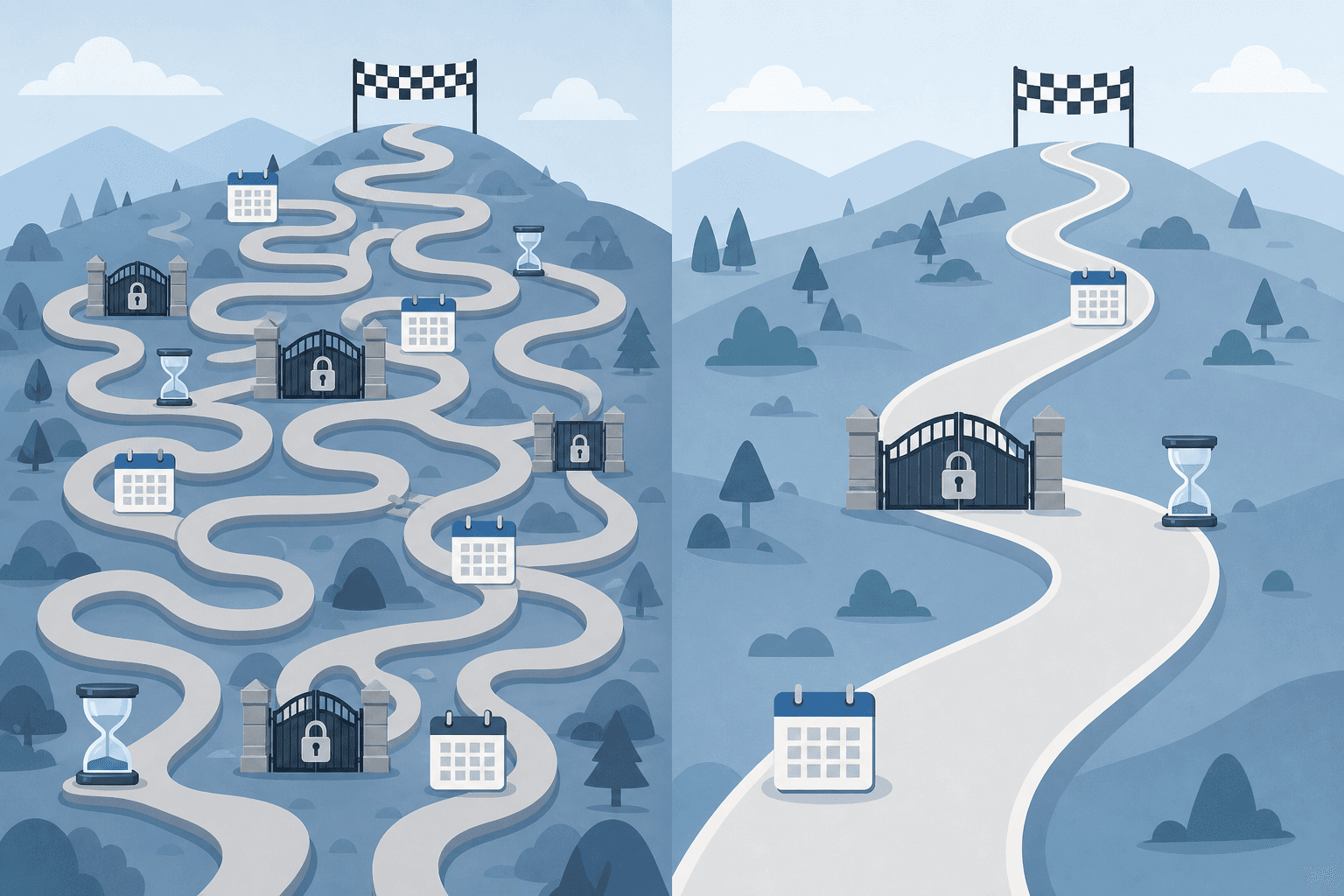 A side-by-side visual comparison of two enterprise software deployment timelines, shown as long winding roads or complex maze-like paths on the left and right, both leading to a distant finish line, depicted with calendar icons, locked gates, and hourglass symbols along the path, flat design style with muted blue and gray tones, no text or labels anywhere in the image