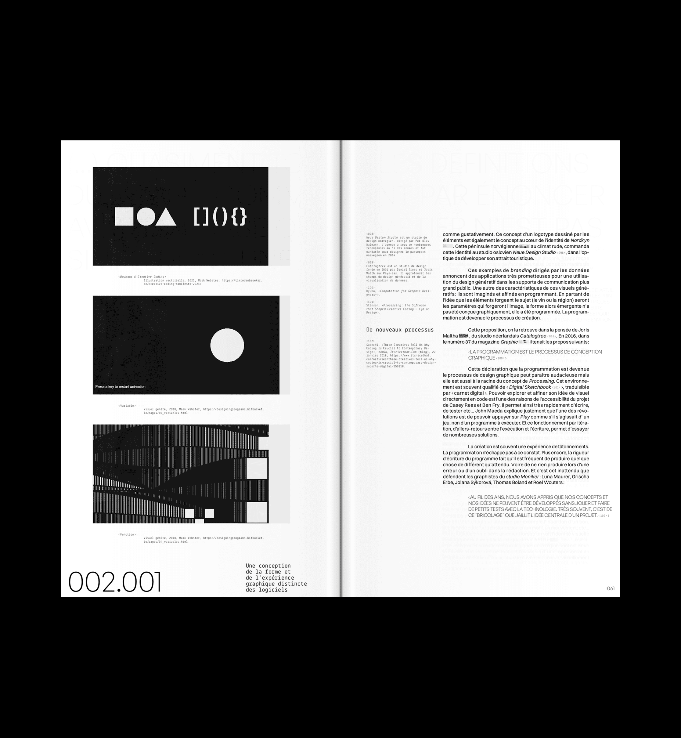 Editorial layout with black geometric visuals paired with detailed explanatory text in a structured grid.