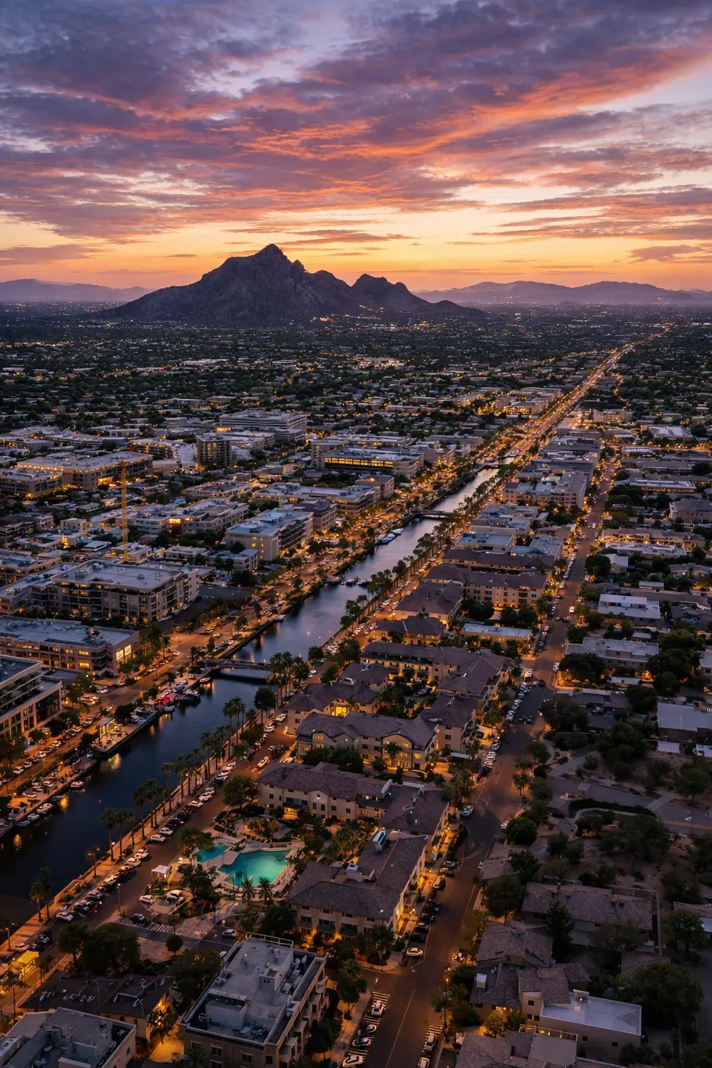 Aerial sunset view of Old Town Scottsdale and the Scottsdale Waterfront with Camelback Mountain in the background.