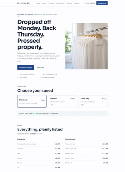 Dry cleaning website template preview with turnaround selector and price list