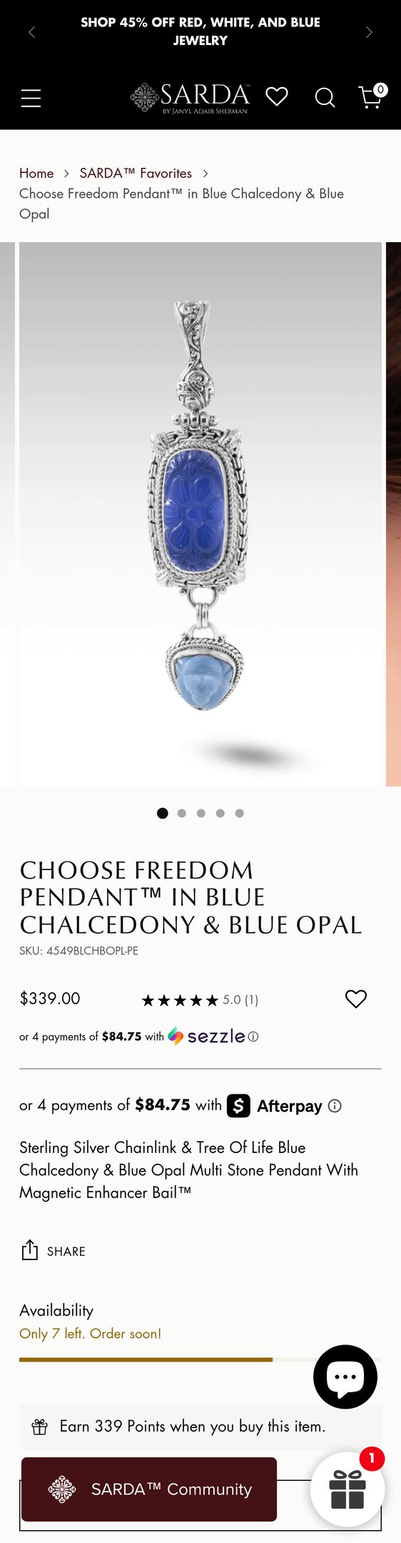 Jewelry product options include: pendant for Choose Freedom Pendant™ in Blue Chalcedony & Blue Opal from SARDA™.