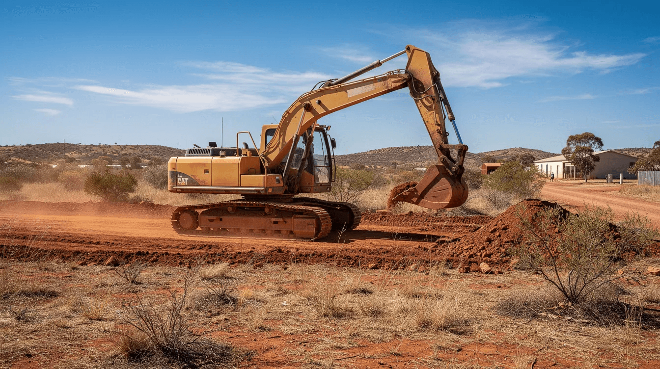 The image depicts a bright yellow excavator actively working on a construction site in regional Australia, surrounded by dirt and construction materials. This heavy machinery symbolizes the importance of asset finance options for Australian businesses looking to enhance their operations and preserve cash flow.