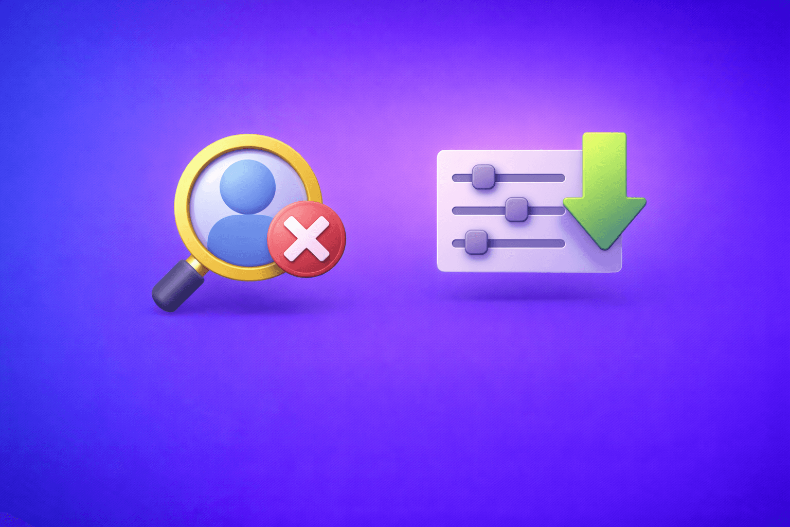 Customer screening fintech illustration with magnifying glass icon on blue to purple gradient background, representing AML compliance, real-time risk assessment, and identity verification for financial institutions.